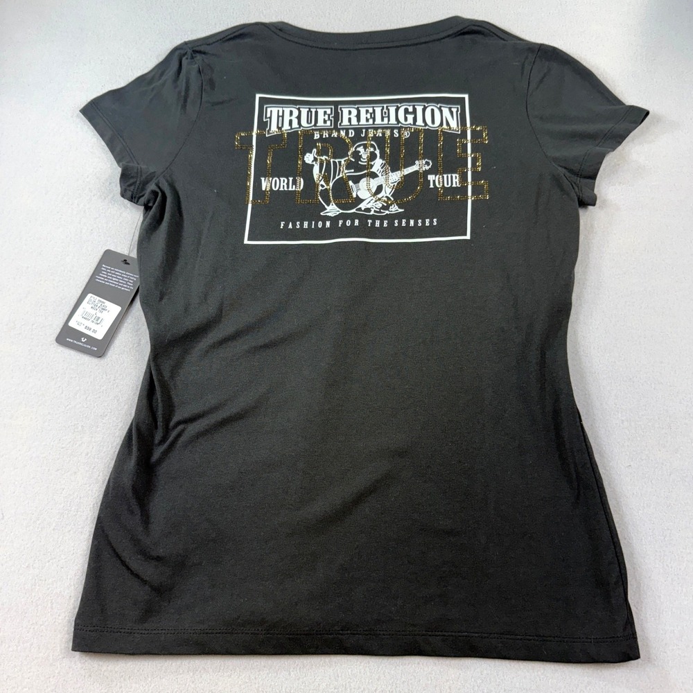 True Religion Glitter Stamp V Neck Tee Womens Buddha World Tour Black Large NWT